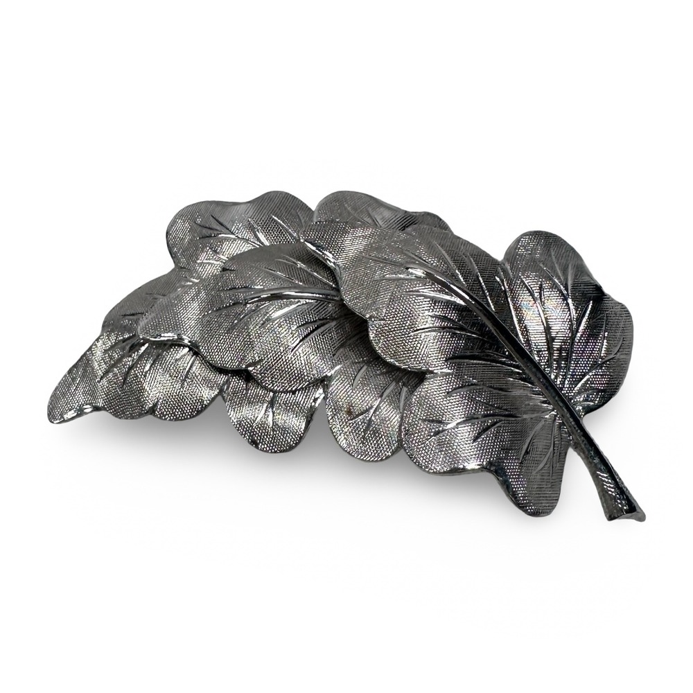 Vintage Layered Leaf Brooch Gunmetal Gray Textured Botanical Nature Pin